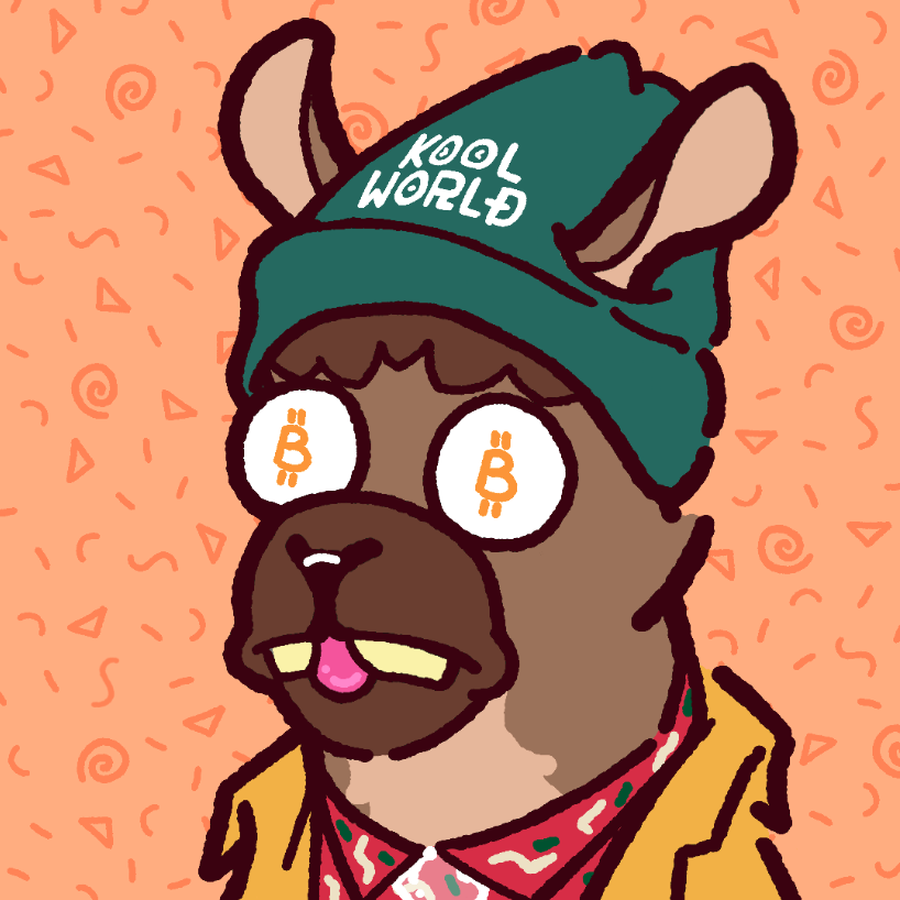 koolworldnft's tweet photo. Koollama rocking a Doc Brown outfit (notice the clear necktie) with an official Koolworld beanie...oh and Bitcoin eyes! 

Free mint for Kool Kev and select @Llamaverse_ holders

#Koolworld #llamas #BackToTheFuture #llamaverse https://t.co/ICJDDsBE1f
