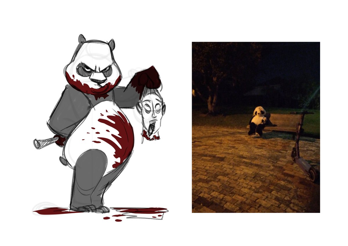 RocheKurt's tweet photo. .... so I was walking home from the studio late at night and came across this creepy panda.... yes, I was looking over my shoulder haha Here's a sketch I did at lunch inspired by the events of my walk home. (I didn't mean to make it look sort of like Kung Fu Panda) https://t.co/6FTkPLufCf
