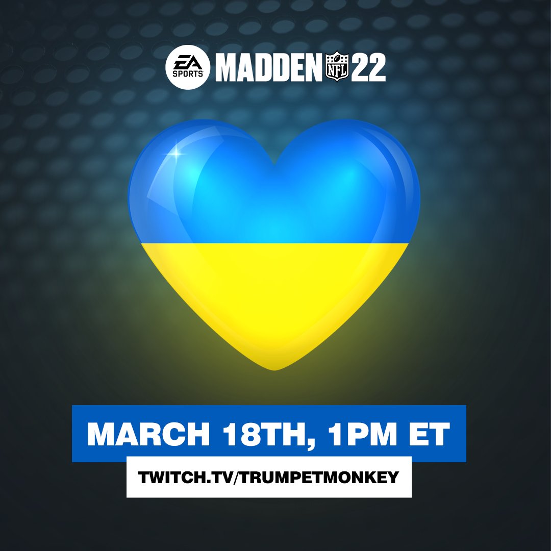 Friday @ 1pm ET I'm proud to announce a 'Madden Ukraine Humanitarian Relief Awareness Stream' with the wonderful <a href="/KayKayEsss/">Kay (Eli)</a> <a href="/cookieboy1794/">cookieboy17</a> <a href="/UPANDADAM11/">UP AND ADAM</a> <a href="/liamobs123/">Liam O'Brien</a> <a href="/Shopmaster/">Raymond Goode Jr. 🧠💻 | Web Owner</a> <a href="/laurenwkr/">laurenwkr</a> &amp; <a href="/BuffaloKaay/">BuffaloKaay 🦬 3️⃣</a> 💙💛

Please retweet &amp; join us for a good cause!

With thanks to <a href="/EAMaddenNFL/">Madden NFL 26</a>