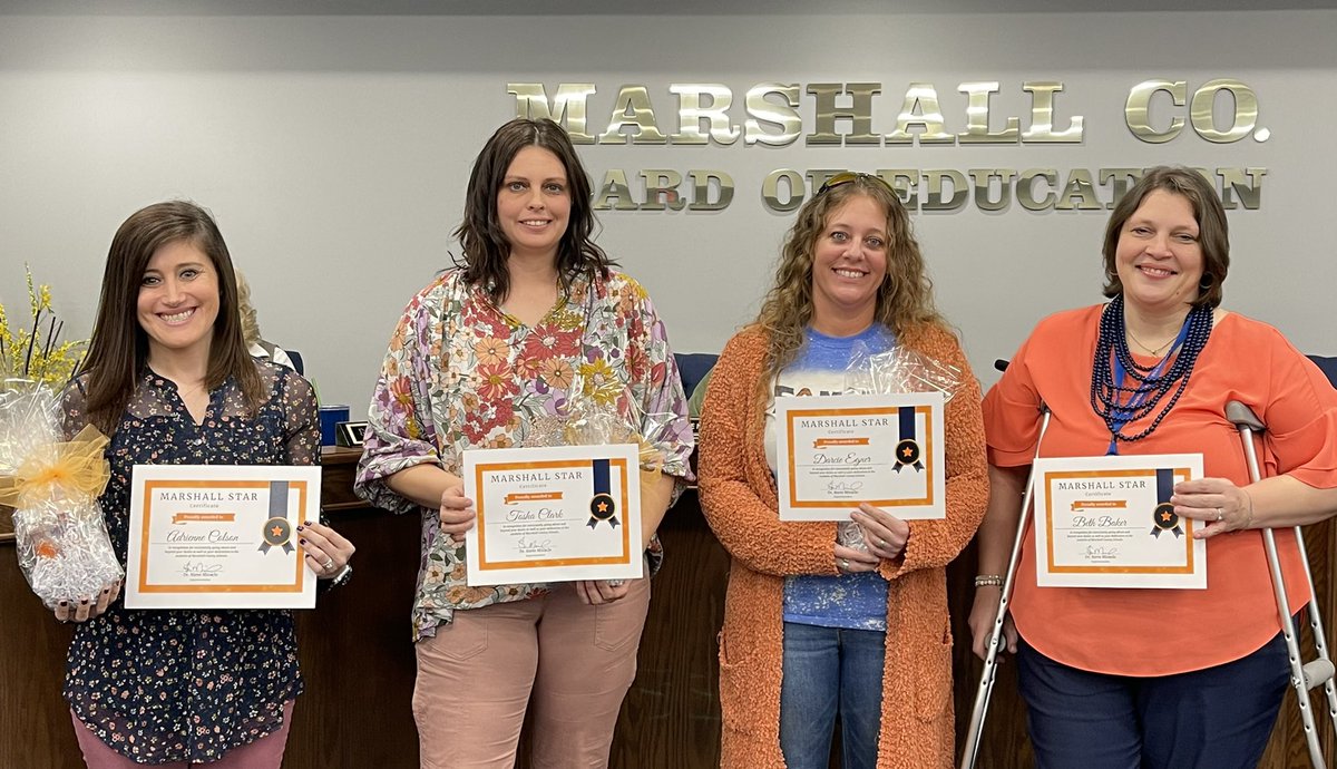 Congrats to Adrienne Colson, Tosha Clark, Darcie Egner, and Beth Baker!  These “Marshall Stars” were recognized at tonight’s board meeting for consistently going above and beyond their duties and for their tremendous dedication to the students in Marshall County Schools.