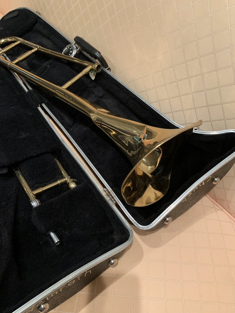 DavidWeinroth's tweet photo. @Mythical This was my first trombone. It’s existence is the reason I started playing in middle school, like my brother. It started the path to my current job as a US Army Musician. In high school, I was dancing on the bleachers and stepped on it! It was tragic! Please memorialize it! https://t.co/AMnrcTjaSL