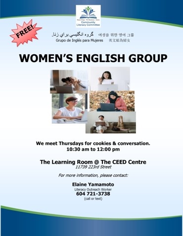 Our Women’s English Conversation group is meeting in person again! We're celebrating Nowruz at our next group on Thursday March 24th. Call or text Elaine on 604-721-3738 for more information.