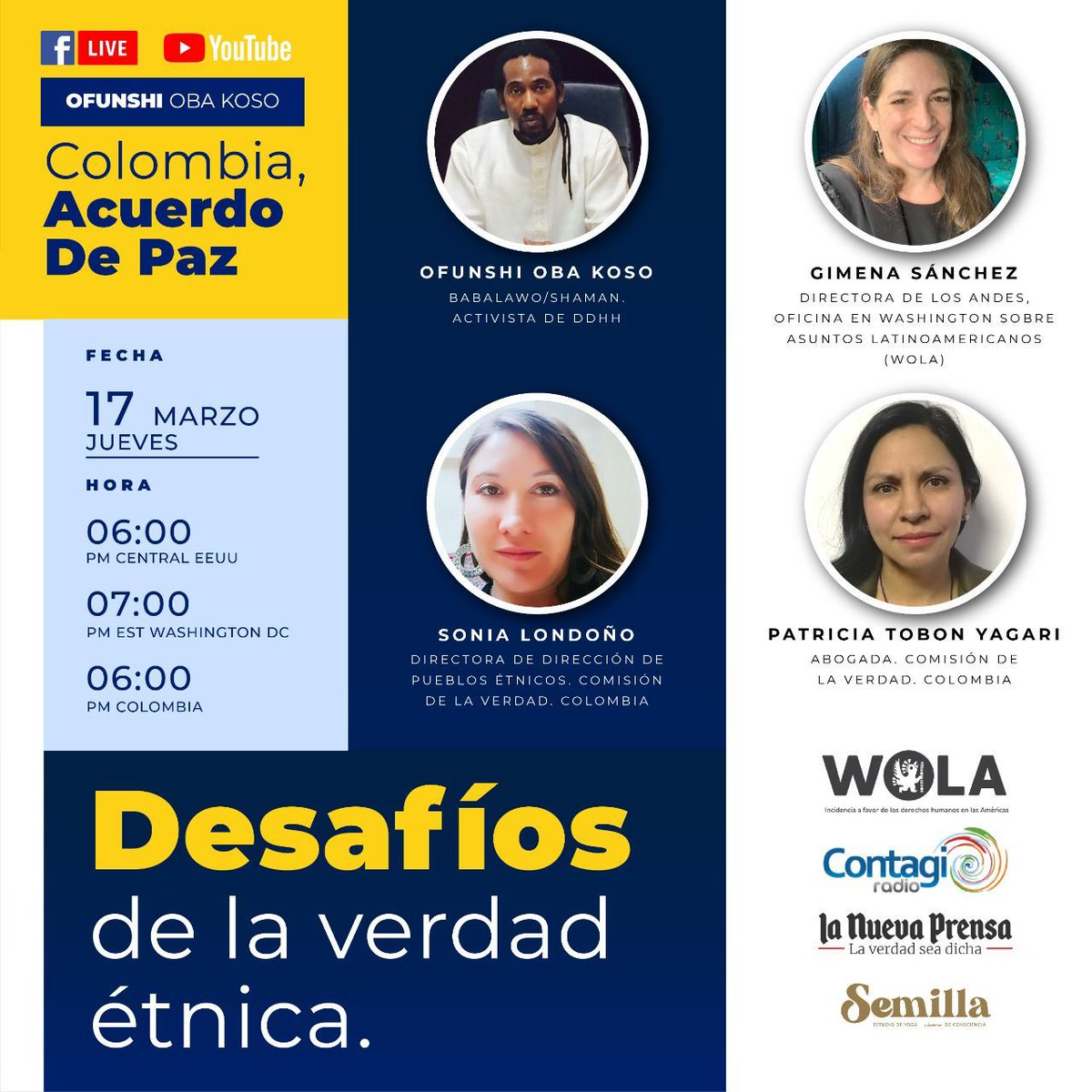 LeynerPalacios2's tweet photo. No se lo pierdan. Comisionada Patricia Tob��n y Sonia Londoño hablan de los desafíos de la verdad étnica. Dispersión territorial, abandono histórico, violencias históricas, asesinatos de líderes, masacres, confinamientos, racismo estructural, la exclusión,etc. Gracias @gimena_wola https://t.co/o3YNnaflQ0