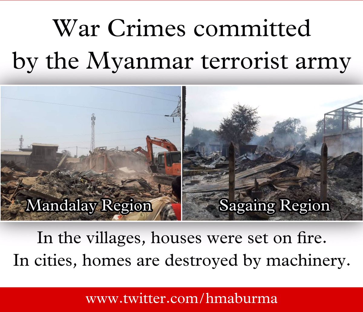 Wamtha2021's tweet photo. Terrorist army were unable to attack the PDFs and set fire to civilian homes in Sagaing.  Similarly, the terrorist army failed to arrest the protesters and destroy houses by using machine in Mandalay.  It was the same thing when it was destroyed.
#WhatsHappeningInMyanmar https://t.co/6ElxmGlYNA