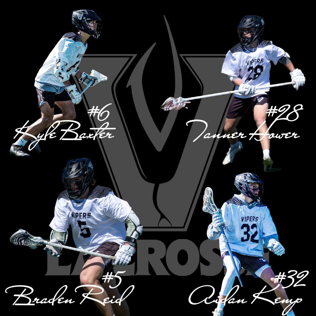 LacrosseVipers's tweet photo. As the Vipers come off of Spring Break we wanted to recognize this year's captains. Today we have our JV Captains Kyle Baxter (Fr M), Tanner Hower (Fr D), Braden Reid (Fr A) and Aiden Kemp (Fr A). Congrats to all!! https://t.co/IyIsUDHYa9