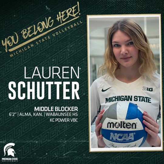 schutterlauren's tweet photo. I’m super excited to announce that I have verbally committed to continue my academic career and play D1 volleyball at Michigan State University! Thank you to all of my coaches that have made this B1G opportunity reality. Go Spartans💚🤍 https://t.co/mjKd9mJCwx