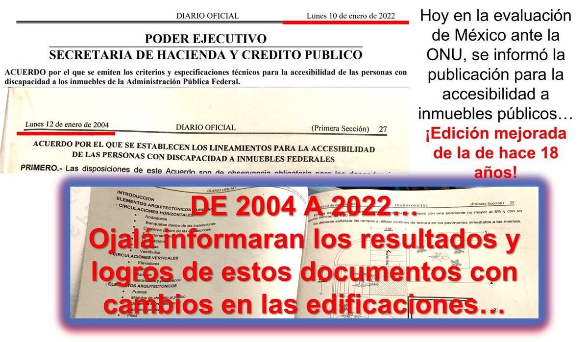 Taidebg's tweet photo. Hoy en la evaluación de México ante la ONU, se informó la publicación para la accesibilidad a inmuebles públicos… ¡Edición mejorada de la de hace 18 años!
DE 2004 A 2022…
Ojalá informaran los resultados y logros de estos documentos con cambios en las edificaciones… @ONUevaluaM https://t.co/HmbPnMPfDj