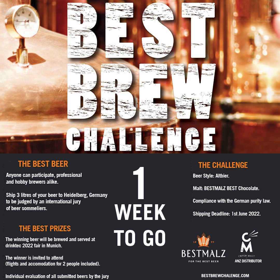 One Week to go!
There is still time to enter @Bestmalz Best brew challenge! If you are a home brewer looking to show your skills or a pro brewer looking to show Europe what you’ve got, this is definitely the contest for you. Register today (link in bio)

#bestmalz #cryermalt