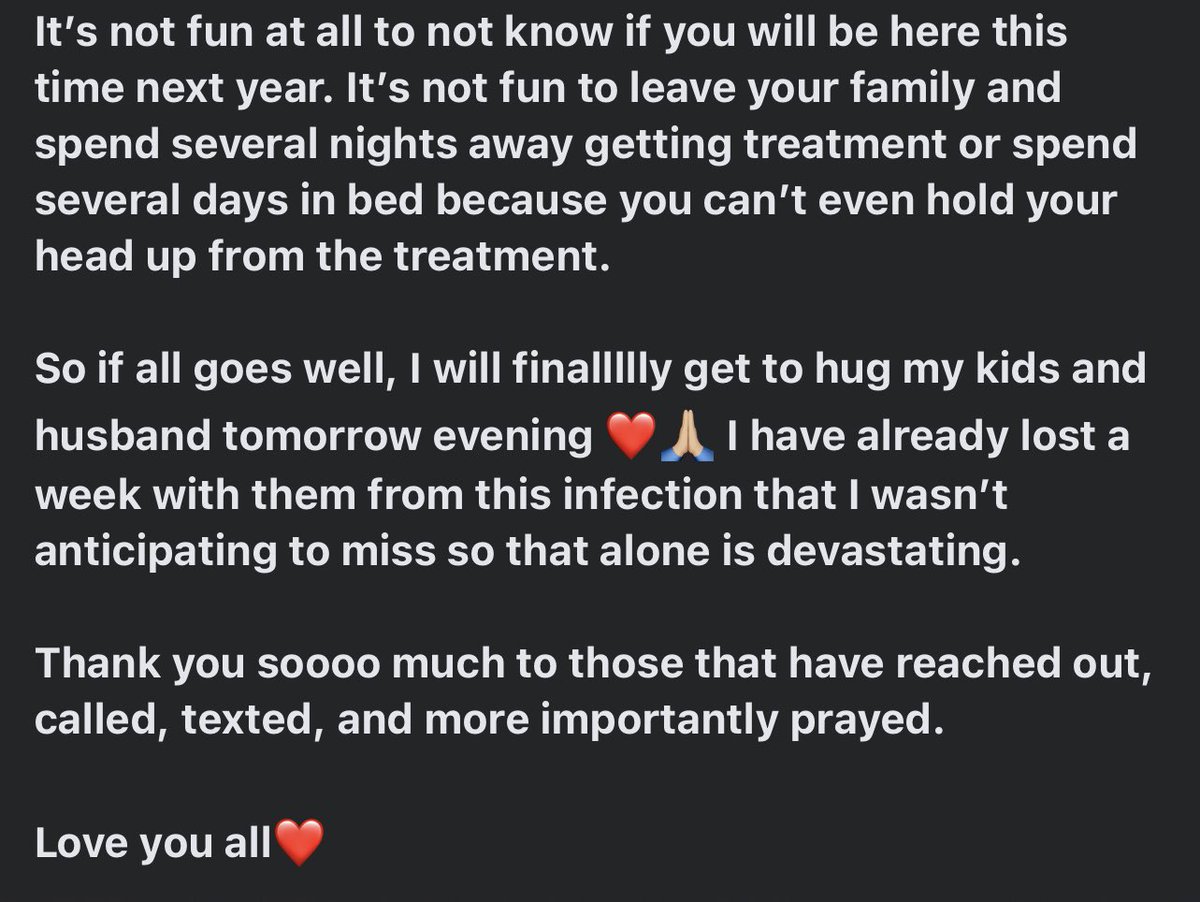 So here is the most recent update as of this afternoon. Please just keep praying. I still have a long road ahead but hopeful it is going to start getting easier. Thank you to everyone for the support and prayers. Hopefully I will be back to work soon!! Please get your checkups!!