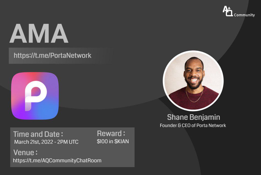 AQ_Community's tweet photo. 🔔AMA SERIES With Porta Network

🏢Venue : https://t.co/Gof3YLlU3A
📅Date : On March 21st
⏱️Time : 2 PM UTC

📜Rules:
1.Join the https://t.co/Gof3YLlU3A
2. Follow Twitter @portanetwork_ and  @AQ_Community
3. Like , Retweet , &amp; Tag 3 friends.
4. Post Questions in the comments https://t.co/vlGI1etdls