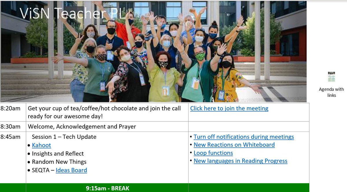 MrsKK8's tweet photo. Excited for our #ViSN PL today!  
Shout out to @pegfitz101 who gave me this awesome idea for presenting online - 1 document with all links for the day &amp; breakout room instructions - all in 1 place!
#OnlineLearning #GrowPLN #startwithwhy https://t.co/1ist6fXWdP