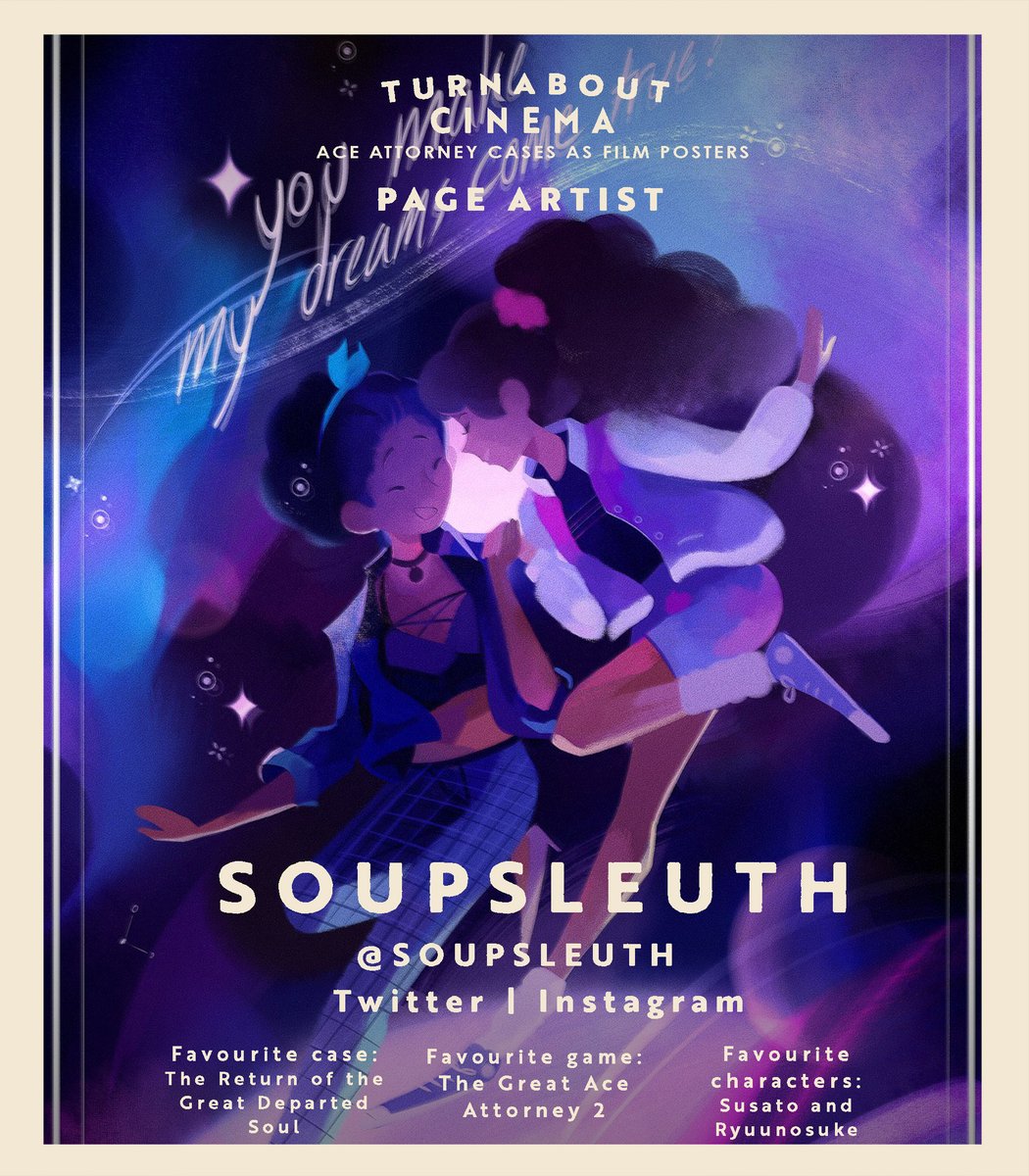 TurnaboutCinema's tweet photo. 🎞 CONTRIBUTOR SPOTLIGHT

Next up to the spotlight is Stevie! Their wonderful illustrations exudes such warmth and whimsy, you can’t help but feel enchanted by their creations!

It was as if the stars were aligned; Ace Attorney truly was your calling! https://t.co/hNIzljotZU