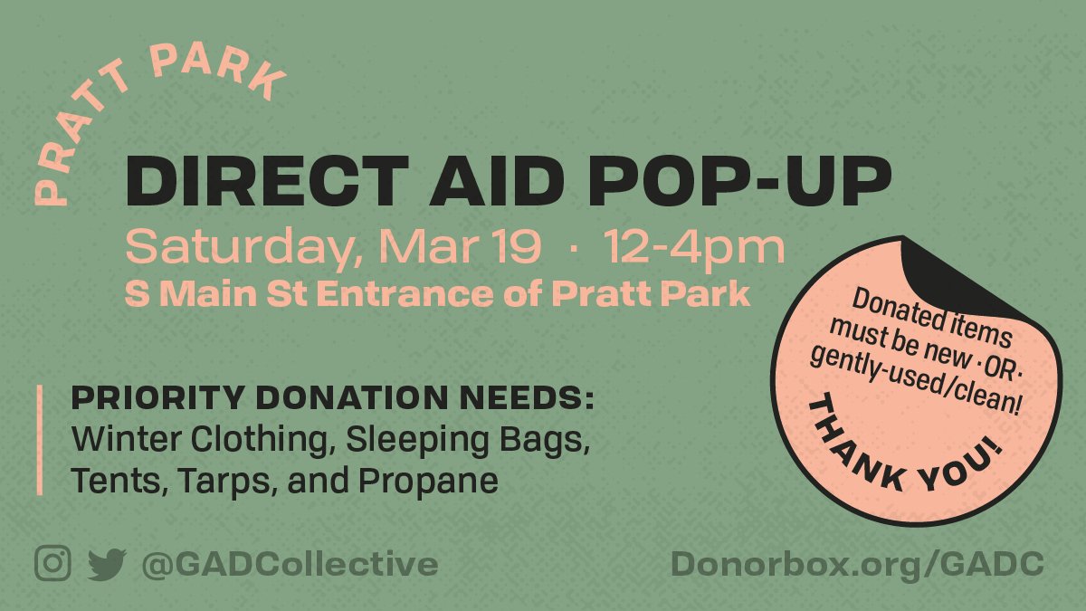 GADCollective's tweet photo. Pratt Park Direct Aid Pop-Up this Saturday, March 19, from 12-4pm! 

(Note: Heavy rain is forecasted, so we may have to cancel and bolster distribution so neighbors can try to stay dry and still receive aid)

(1/4) https://t.co/RrmSPUHWVY