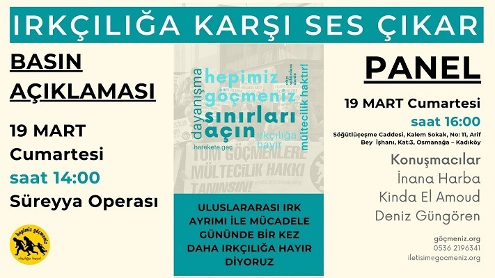📣Uluslararası #IrkAyrımıİleMücadeleGünü'nde bir kez daha #IrkçılığaVeSavaşaHayır demek için buluşalım:

🔸Yarın 14:00'te Süreyya Operası önünde ırkçılığa ve savaşa karşı ses çıkarıyor,

🔸16:00'da ırkçılık karşıtı hareketi nasıl büyüteceğimizi tartışıyoruz.

#SınırlarıAçın