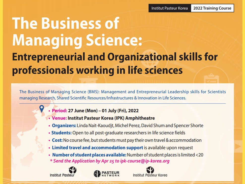 [#IPK 2022 Offline #Training Course (Jun 27–Jul 01)] 'THE #BUSINESS OF #MANAGING #SCIENCE' aims to equip scientists with business insight to help them better engage as entrepreneurs applying business principles to achieve desirable outcomes. bit.ly/3Jnsq1u