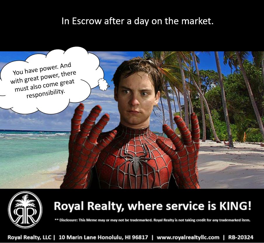 At Royal Realty, are responsible for our great powers. 

#Royalrealtyhawaii #RealtorMeme #spiderman #spidermanmovie