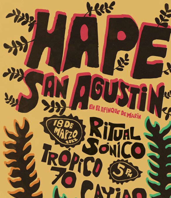 #música mañana viernes 18 los amigos d <a href="/makinacrea/">makinacrea</a> y @hapecollective nos invitan a pasar una tarde/noche cargado de mucho arte en San Agustín Sur, con @tropico_70 @cayiao <a href="/ritualsonico/">ritualsónico</a> @gwiro
<a href="/ritualsonico/">ritualsónico</a> <a href="/richardtambor/">Beverly Baldwin</a> @jaxigold 
<a href="/kvnmds/">Kevin Mendes</a> @simbosounds @cumbetours @chrisamalvy