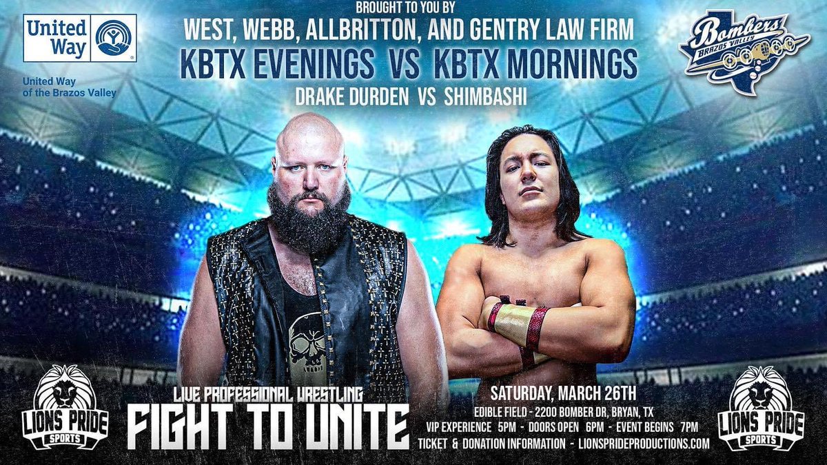 LionsPrideTX's tweet photo. Our last show ended with Shimbashi standing over Drake Durden with chair in hand.
Finally, these two will meet one-on-one for the first time!
The 2-Time LPS Champ versus the fastest-rising star in The Pride!
#FightToUnite TICKETS: https://t.co/uZWRGQfYUd https://t.co/BZClYZc9Ji