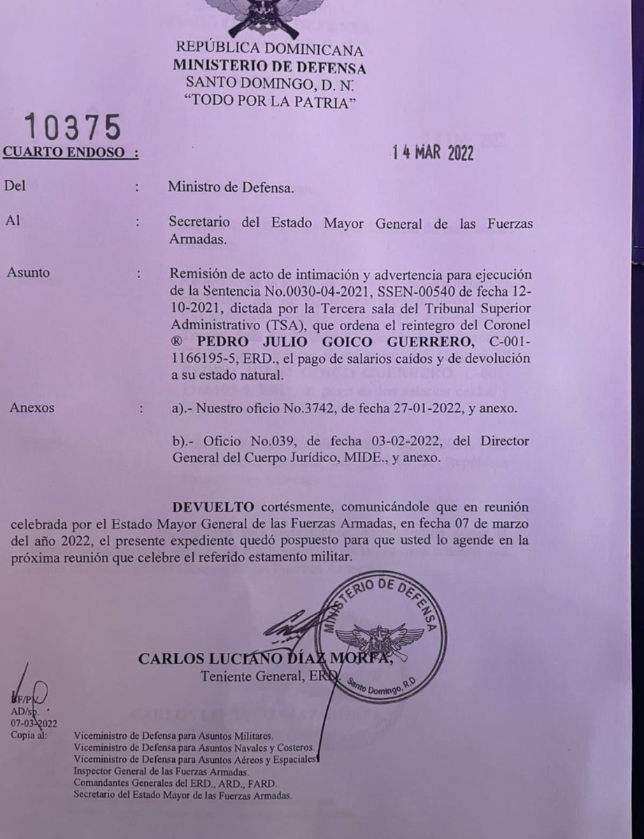 Coronel Pepe Goico reintegrado por Sentencia Tercera Sala TSA, luego de 18 años de haber sido puesto en RETIRO.

Constitución del 2010, en su artículo 253 prohíbe el reintegro de militares y policías.

Con esto se crea un precedente funesto para la institucionalidad FFAA….
