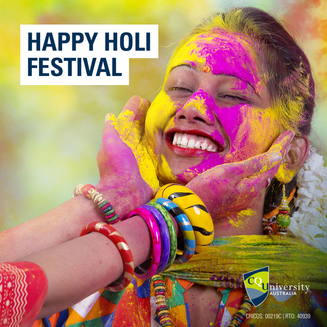 CQU's tweet photo. Happy Holi!
Holi Festival is a traditional Hindu festival celebrating the beginning of spring as well as the triumph of good over evil.

The festival is known around the world for the vibrancy of colours. Will you be celebrating? 
#CQUInternational #holi https://t.co/m0q2uw5hLf