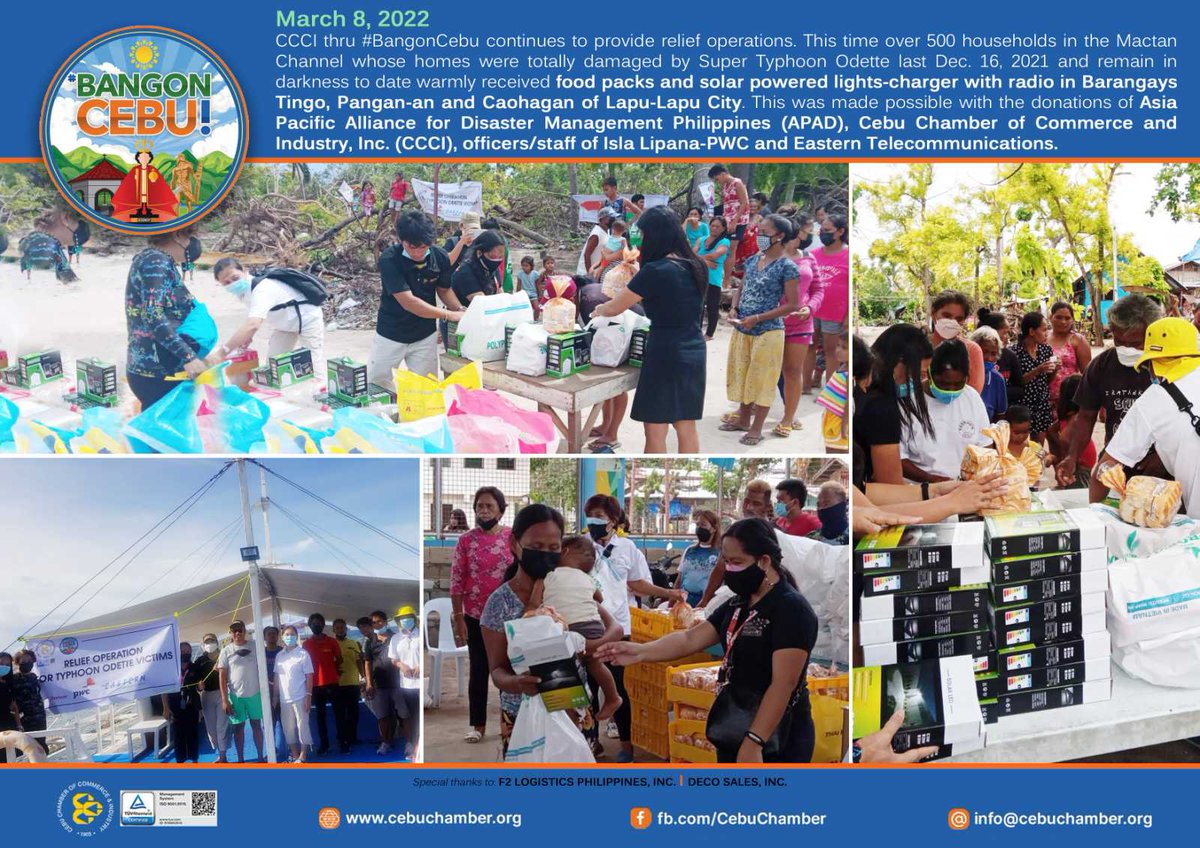 CCCI thru #BangonCebu continues to provide relief operations. Over 500 households in the Mactan Channel whose homes were totally damaged by Super Typhoon Odette. This was made possible with the donations of APAD,CCCI,officers/staff of Isla Lipana-PWC &amp; Eastern Telecommunications.