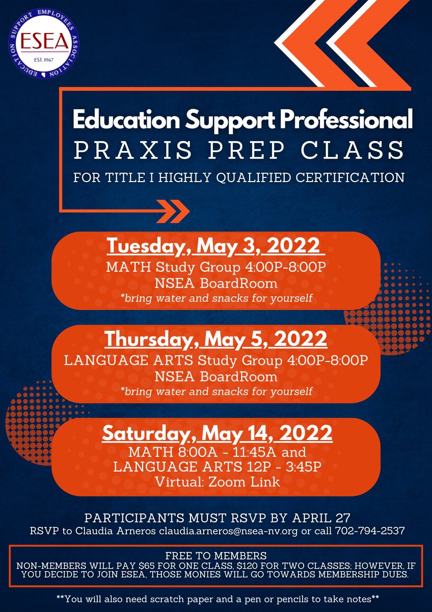 Are you a paraprofessional needing to earn Title I HQ Certification? We can help you study to pass the ParaPro Praxis! Don’t forget - you must RSVP! <a href="/ESEA_NV/">ESEA</a> <a href="/NSEAOnline/">Nevada State Education Association</a> <a href="/NSEARetired/">NSEA Retired</a> please retweet &amp; share with your colleagues! Educator learning led by educators! <a href="/NEAToday/">NEA</a>