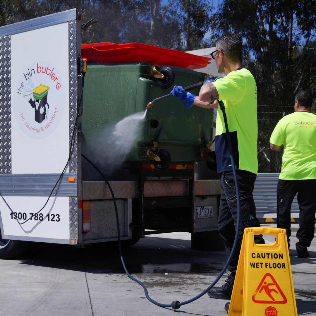 Commercial bin getting a nice pressure clean! 

Using our Bin Butlers cleaning trucks, the process is simple and seamless.

What are you waiting for?…reach out to the team today on 1300 788 123.

#binbutlers #cleanbin #binsmelbourne #bincleaning #wheeliebin