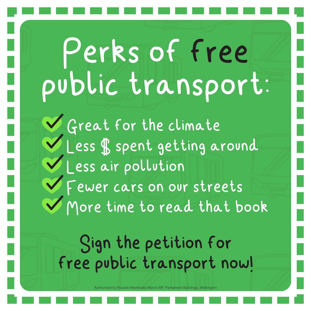 NZGreens's tweet photo. We’re SO CLOSE to getting 10,000 signatures one day since launching our Free Public Transport petition!

Public ownership, better wages for drivers, more services + increased frequency, and free fares would help create a world-class public transport system that works for everyone https://t.co/oACrzdABiJ