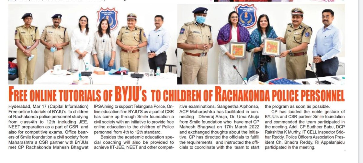 MalkajgiriCop's tweet photo. #FreeOnlineTutorials of @BYJUS to children of #RachakondaPolice personnel studying from 4th to 12th including JEE, NEET preparation as a part of CSR& competitive exams. Office bearers of #Smilefoundation a civil society from Maharashtra a CSR partner with BYJUs met #CP_Rachakonda https://t.co/DwKeb1Pi7N