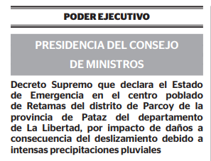 diegopazi's tweet photo. Declaran el estado de emergencia en #Retamas, Pataz, tras los deslizamientos de tierra que han dejado decenas de damnificados y tres fallecidos, a la fecha. 
Medida del Ejecutivo se da por 60 días para acciones "destinadas a la respuesta y rehabilitación de las zonas afectadas" https://t.co/Vpc7uBzGVZ