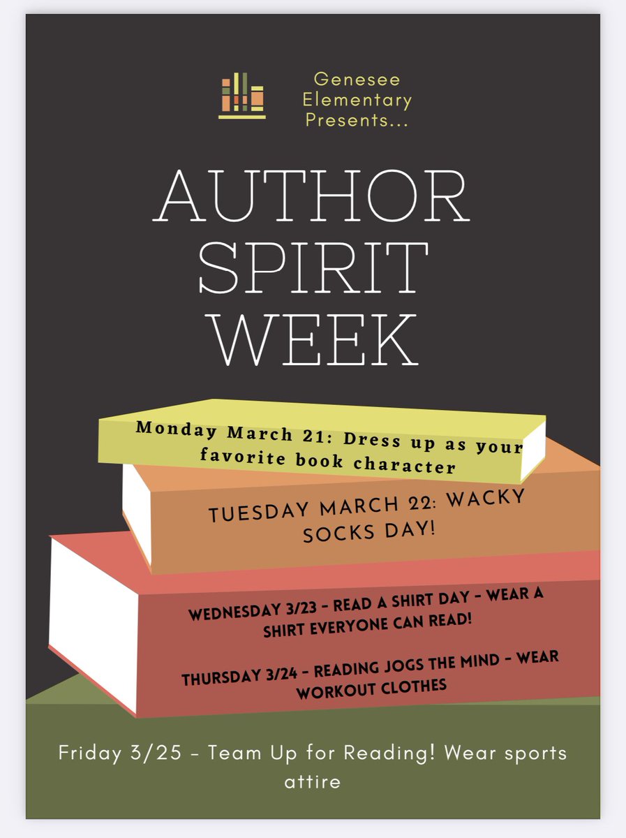Genesee will welcome Alicia Klepeis, our visiting author, on Tuesday, March 24th. To celebrate her visit, we will be having Author Spirit Week from March 21st - 25th.