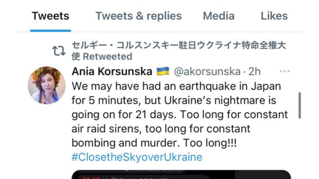<a href="/yamamoto50yama/">ヤマモト５０</a> 「日本の地震はたった5分間だけどウクライナ侵攻は21日間続いている」みたいなツイをウクライナ大使館がRTしてるの見て、一気に冷めました。
未だに震災のPTSDで苦しんでる人が沢山いるのに…