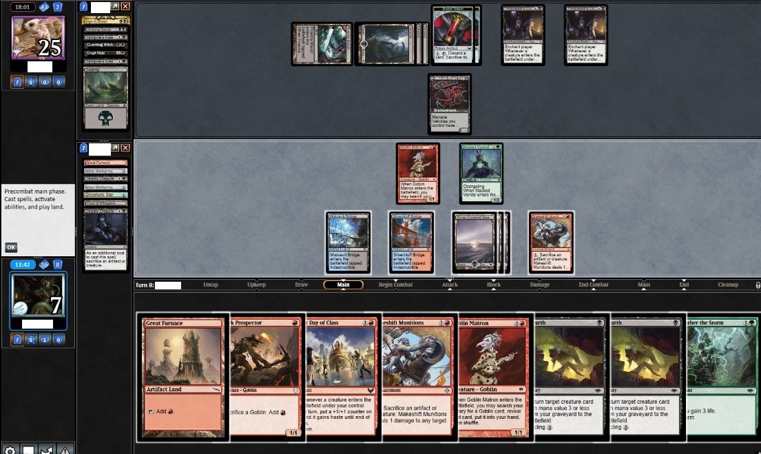Check this great puzzle a friend sent.
Try to win from here, there is a way. Have fun!!
Some points that *may* matter ;)
1) There are no creature cards in your GY;
2) You still have your land drop;
3) Matron targets are Putrid Goblins, Skirks, Flameweaver and other Matrons.