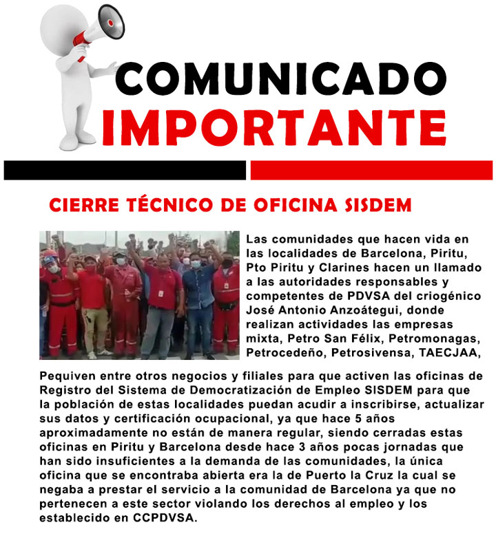 NoSoyIrrael's tweet photo. Comunicado Importante 
CIERRE DE OFICINAS DE SISDEM #Barcelona #Piritu #PuertoLaCruz #Clarines https://t.co/VjVajbqSds