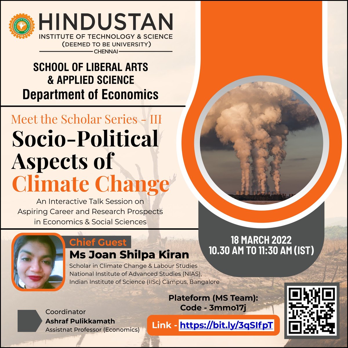 HindustanUni's tweet photo. The Department of Economics cordially invites you to the third talk in its unique 'Meet the Scholar Series' - a platform for interaction on aspiring career & research prospects in liberal arts.
#meetthescholarseries #climatechange #slaas #HITS #MyHindustan #Hindustan4.0 https://t.co/n97NvhIDHT