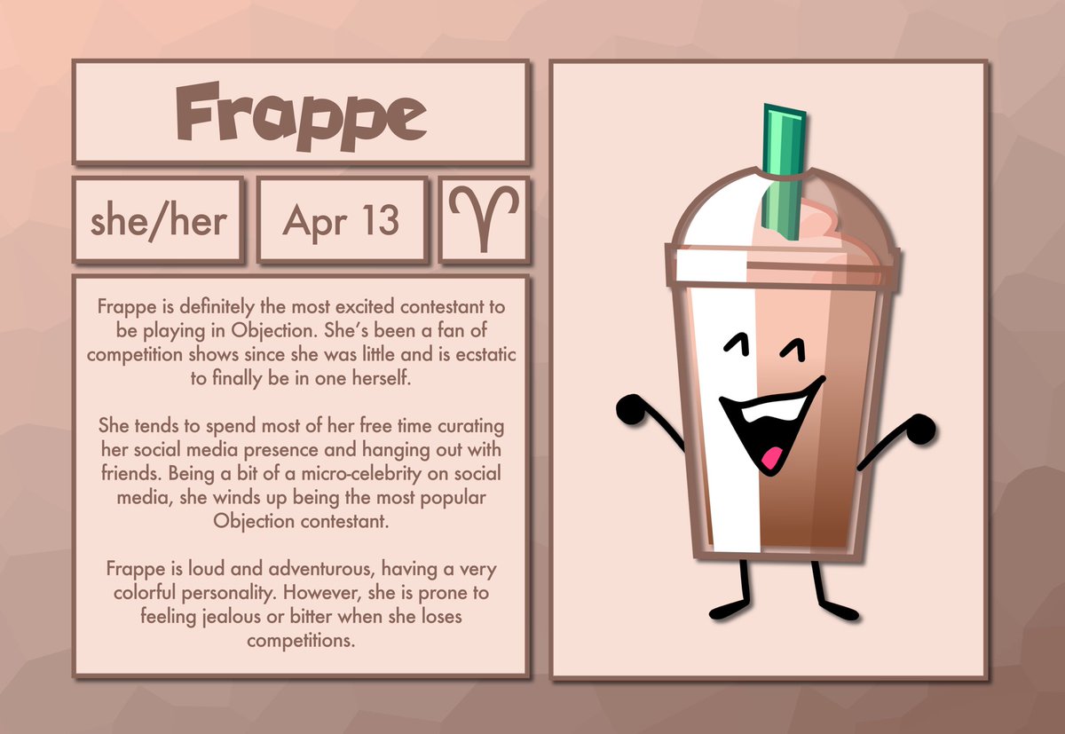 ObjectionShow's tweet photo. Introducing the next Objection character, Frappe! #objectionshow
#bfb #tpot #objectshows https://t.co/zLsbYb4yVK