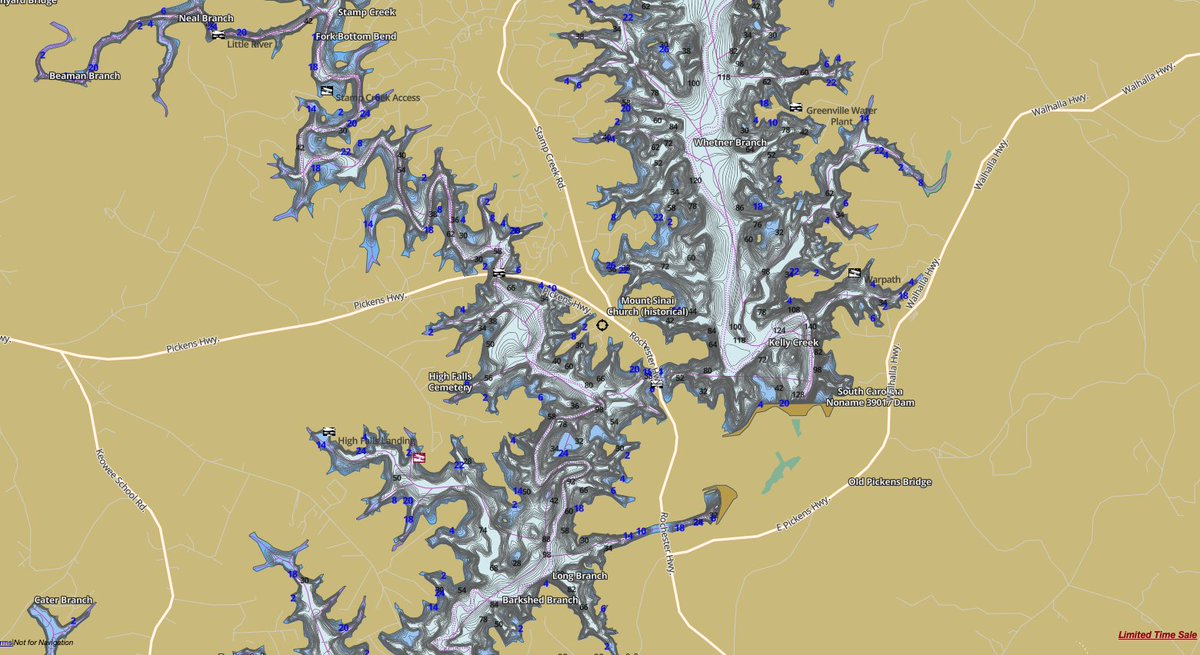 Lake Keowee Fishing Contour Map produced by i-Boating (https://fishing-app.gpsnauticalcharts.com/)