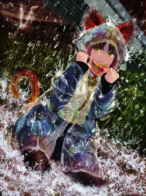 雨の中岡山の県北の川の高架近くの土手の下の河原で猫遊びをしていたBNKRGを、急激な天候変化による雷雨と出口を求めてドバーッと出してきた川の水が襲い水まみれになっている様子を描きました。加筆するかも 