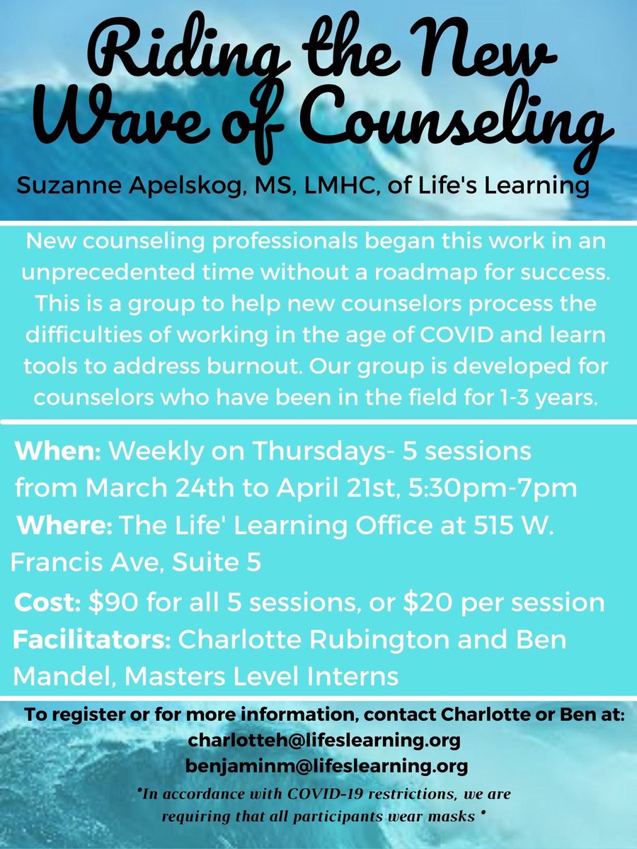 Spokane area counselors, we are offering a 5 week support group for new counselors (1-3 yrs of experience). The group will focus on support &amp; connection, considerations with successfully navigating the profession &amp; a plan to be preventive against burn-out and compassion fatigue.