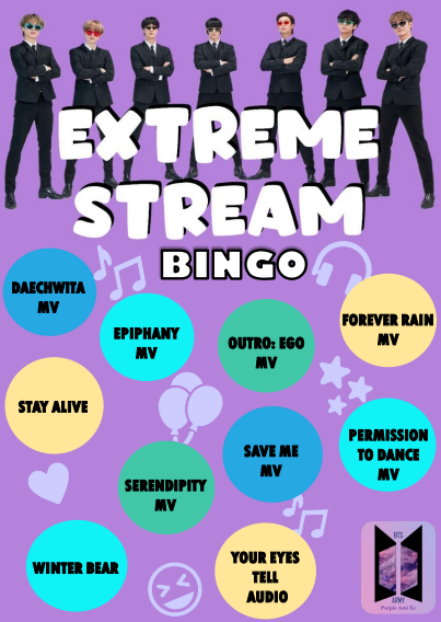 purpleamiec's tweet photo. 💜EXTREME STREAM PARTY💜 

Dinámica  Bingo ronda #3

Comenta tu ss haciendo stream + los #!

#ExtremeStreamParty @BTS_twt 

JaySide💚📍 https://t.co/gNeY0dTRYA