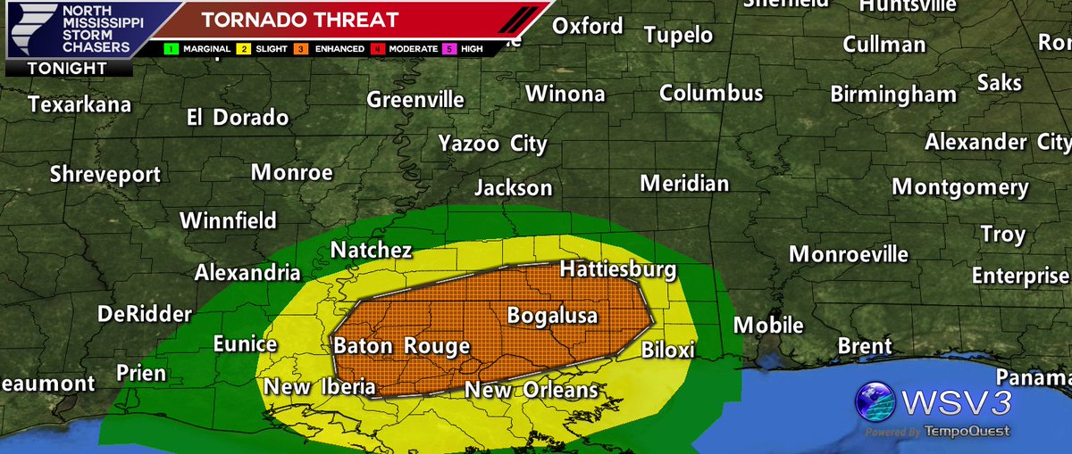 NMSCAS_JB's tweet photo. Heads up Spring Breakers: Strong tornadoes possible down in South Mississippi tonight into tomorrow. #lawx #mswx #alwx #wsv3 https://t.co/YEW71IowMG
