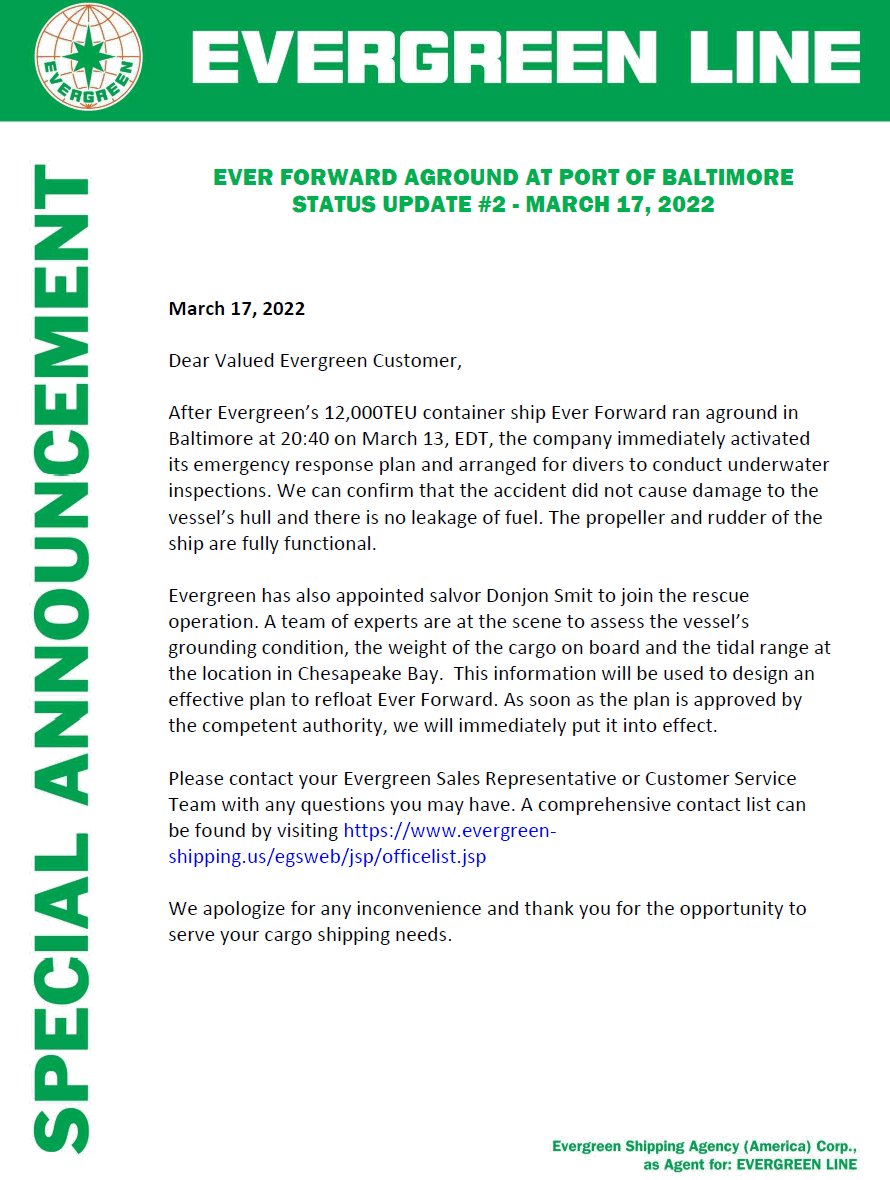 mercoglianos's tweet photo. 1/Notice sent out today by #Evergreen regarding #EverForward.  

They have contracted with Donjon Smit for the salvage, who will assess the ship &amp; develop an extrication plan for the ship &amp; get @USCG approval.

They have determined no damage to hull, rudder &amp; prop, with no spill. https://t.co/FuhQLiWbQ6