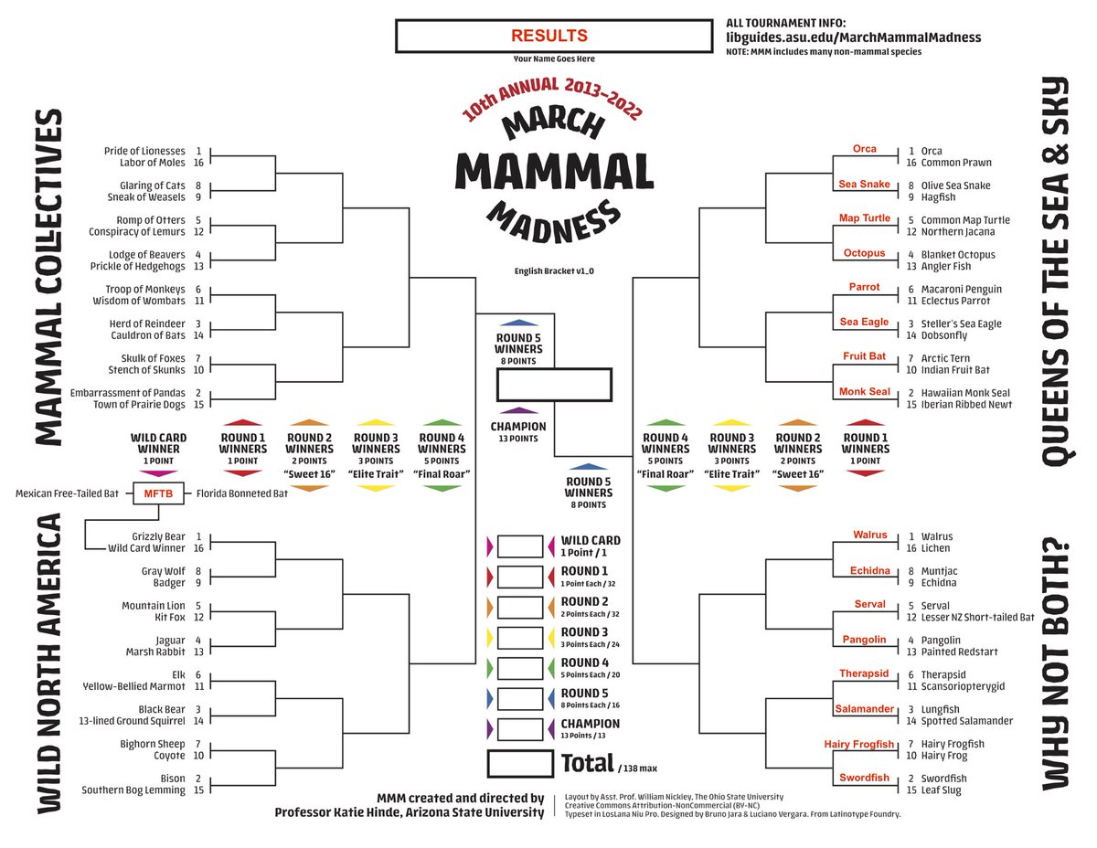 #2022MMM Why Not Both winners are Walrus, Echidna, Serval, Pangolin, Therapsid, Salamander, Hairy Frogfish, and Swordfish! Join us next Mon. March 21 at 8 pm eastern for Mammal Collectives Round 1