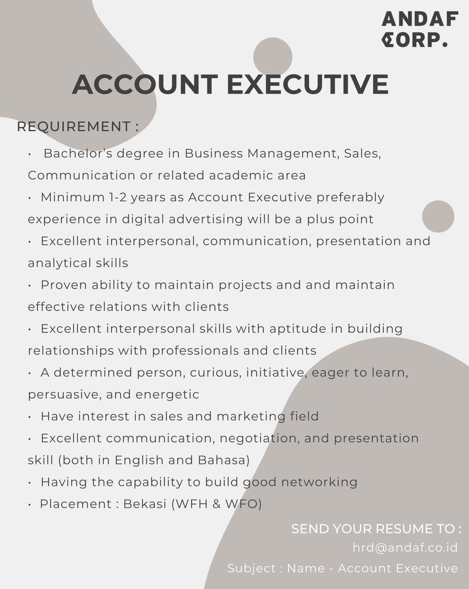 LowonganKami's tweet photo. #Hiring Account Executive - Bekasi

Tolong bantu retweet ya kak @hrdbacot @jobindo_com @mas_recruiter @karirmuid @lokerdotid @KaskusLoker @LokerBekasiID @karirdotcom @infokerjaID terima kasih kak

#HIRINGNOW #HiringAlert #lokeragency #lokeragensi #lokercot #lokerupdate #InfoLoker https://t.co/djUZWWDgkB