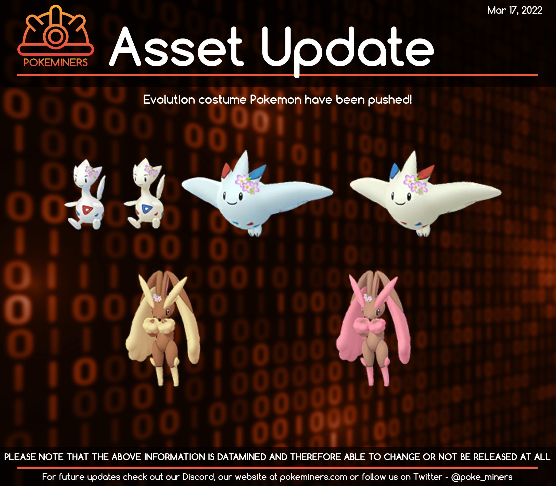 ポケモンgo攻略 みんポケ 解析情報 新たな花飾りポケモンのデータ追加 トゲチックやトゲキッス ミミロップの花飾りコスチュームのデータが追加されました 登場は 例年4月に開催されているイースターイベントになると予想されます 既に登場している