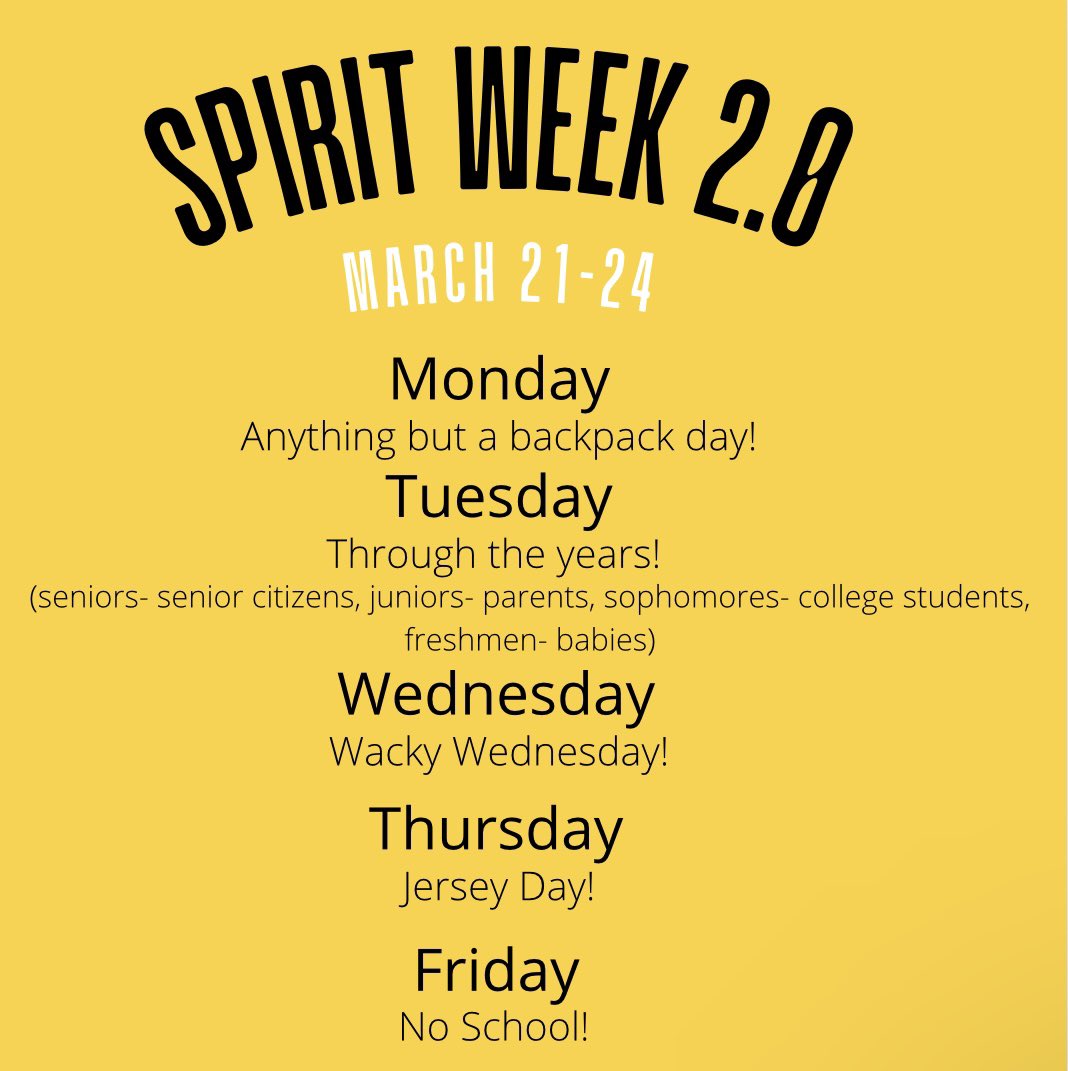 SPIRIT WEEK 2.0 IS NEXT WEEK!
Monday- Anything but a backpack 
Tuesday- Through the Years
Wednesday- Wacky Wednesday 
Thursday- Jersey Day
Show your spirit Elks!
<a href="/TheHerdCHS/">The Herd™</a>