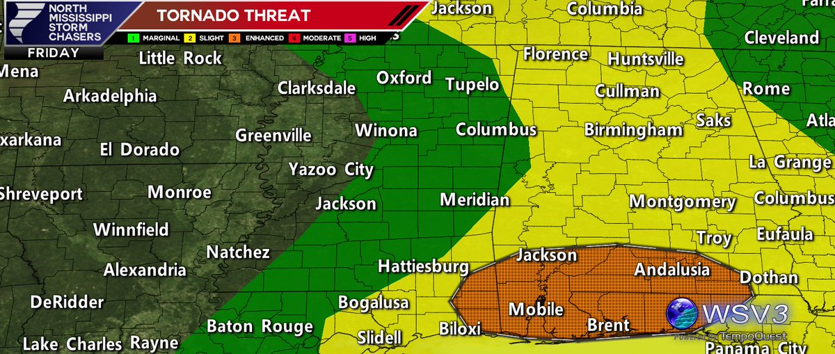 NMSCAS_JB's tweet photo. Heads up Spring Breakers: Strong tornadoes possible down in South Mississippi tonight into tomorrow. #lawx #mswx #alwx #wsv3 https://t.co/YEW71IowMG