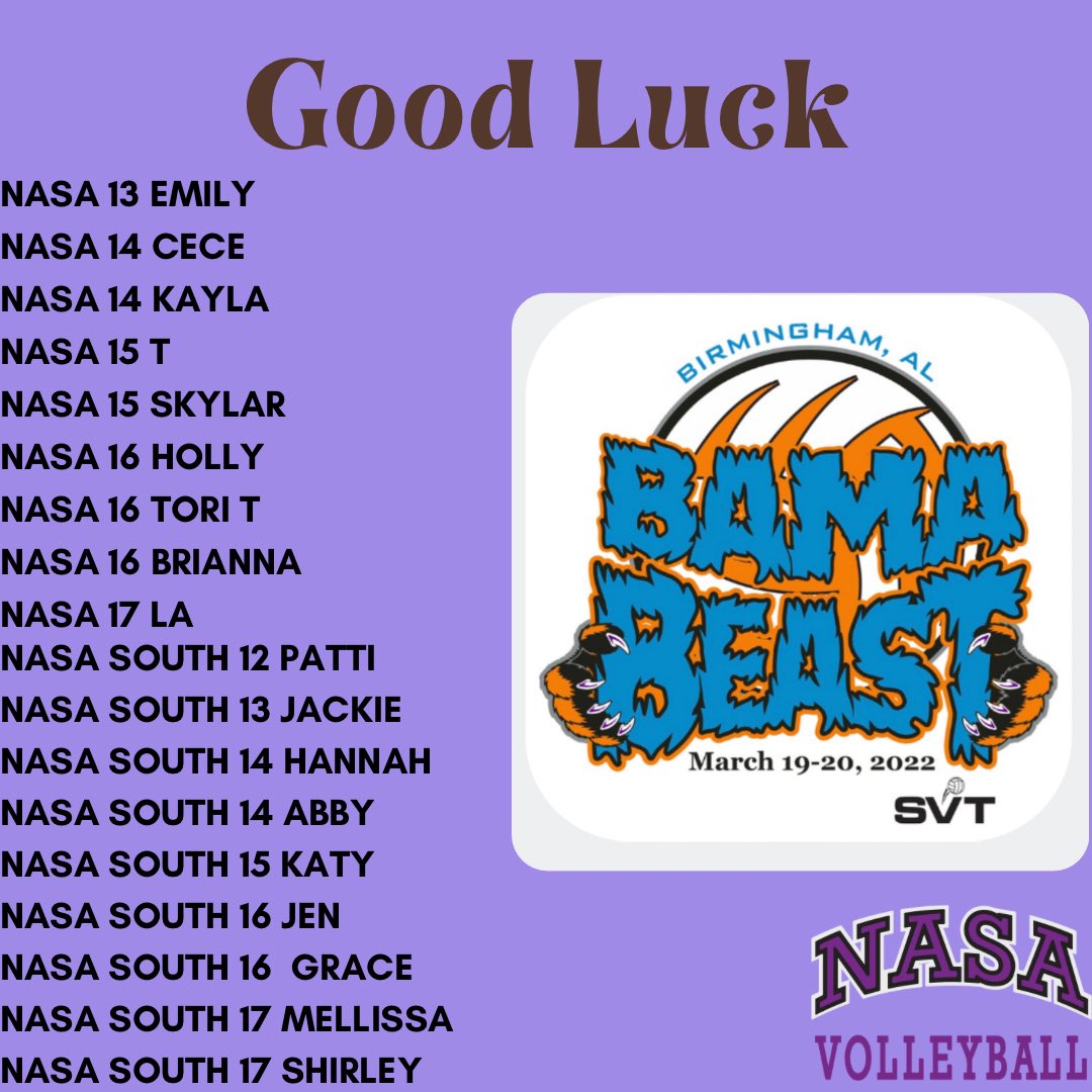 NASAVB's tweet photo. Tournament time once again!
Good Luck to our NASA teams that are headed to Birmingham for Bama Beast this weekend.
#nasadifference #gettingbettereveryday https://t.co/thvwEnwpHH