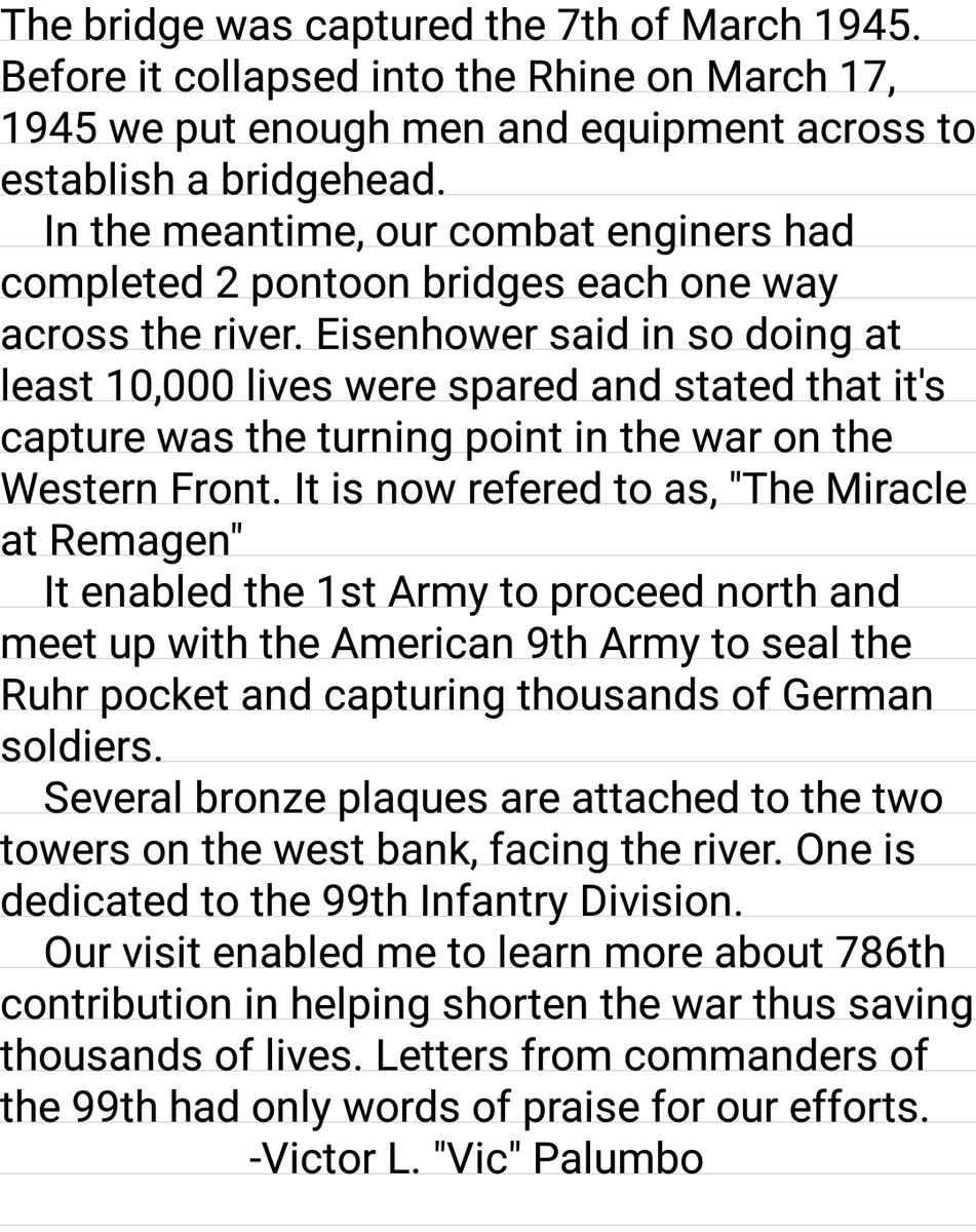 MrP_CA's tweet photo. My grandpa, Lt. Victor Palumbo crossed the Ludendorff Bridge on March 9th, 2 days after it was captured intact, as the leader of a Company of 5 tanks from the 786th Tank Battalion. He visited the remains of the bridge in 1999 and wrote this reflection.
#PalumboHist
#sschat
#WW2 https://t.co/TNAYWTapXX