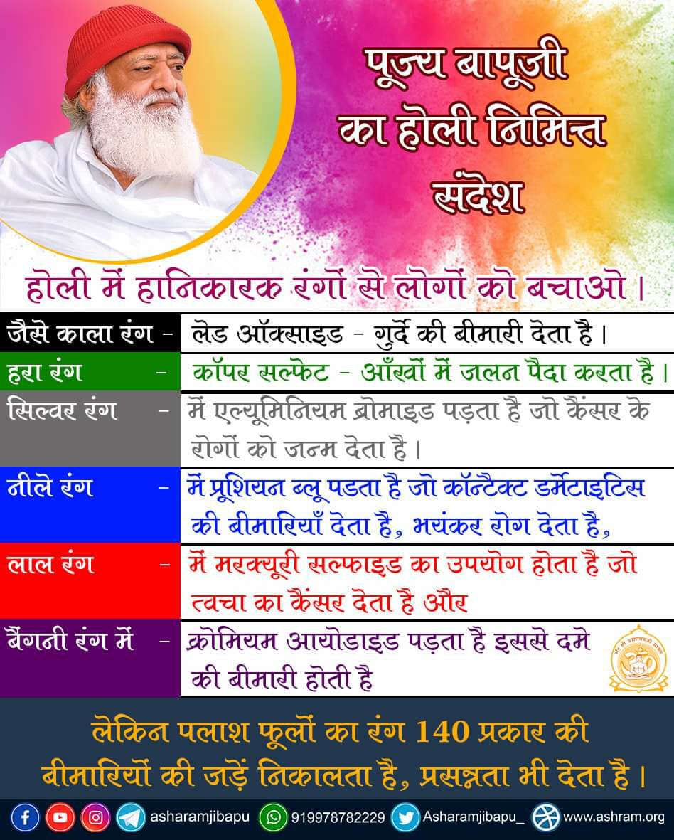 Sant Shri Asharamji Bapu ने दी समाज को एक और सौगात Natural Colours के साथ
Health Care with Palash
खेले ऐसी होली जो आपको सुख और स्वास्थ्य प्रदान करने वाली होगी ।
#HappyVedicHoli